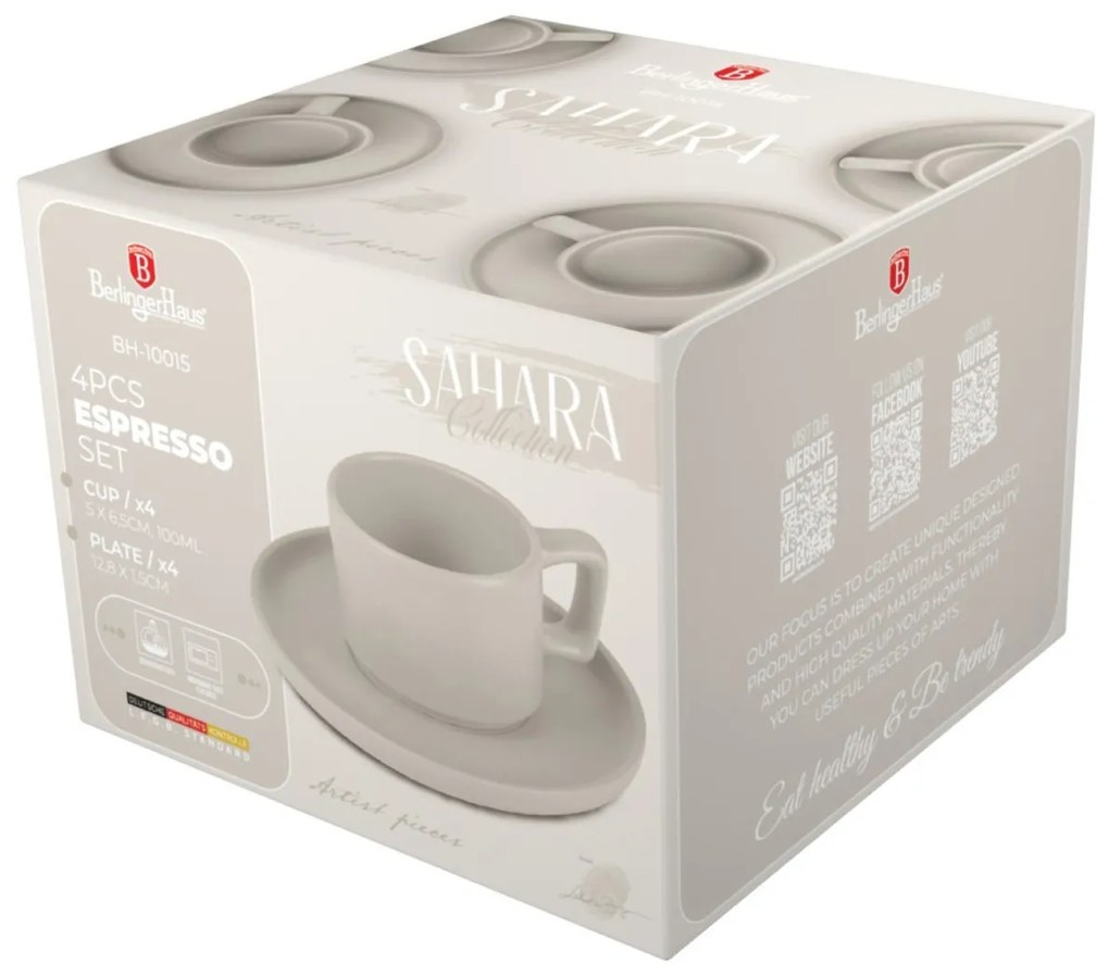 Set 4 cani cu farfurii espresso Sahara Berlinger Haus BH 10015, ceramica, crem