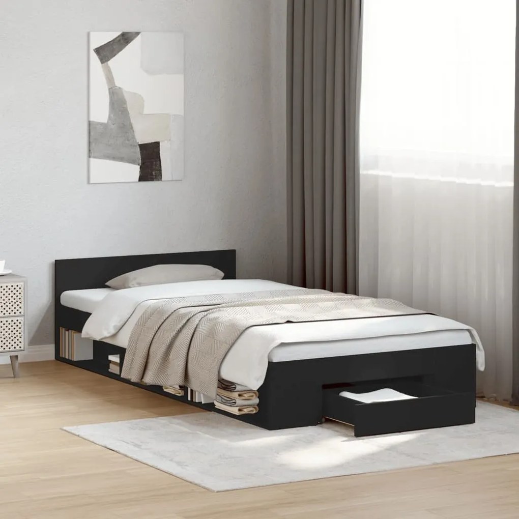 vidaXL Cadru de pat cu sertar, negru, 90x190 cm, lemn prelucrat