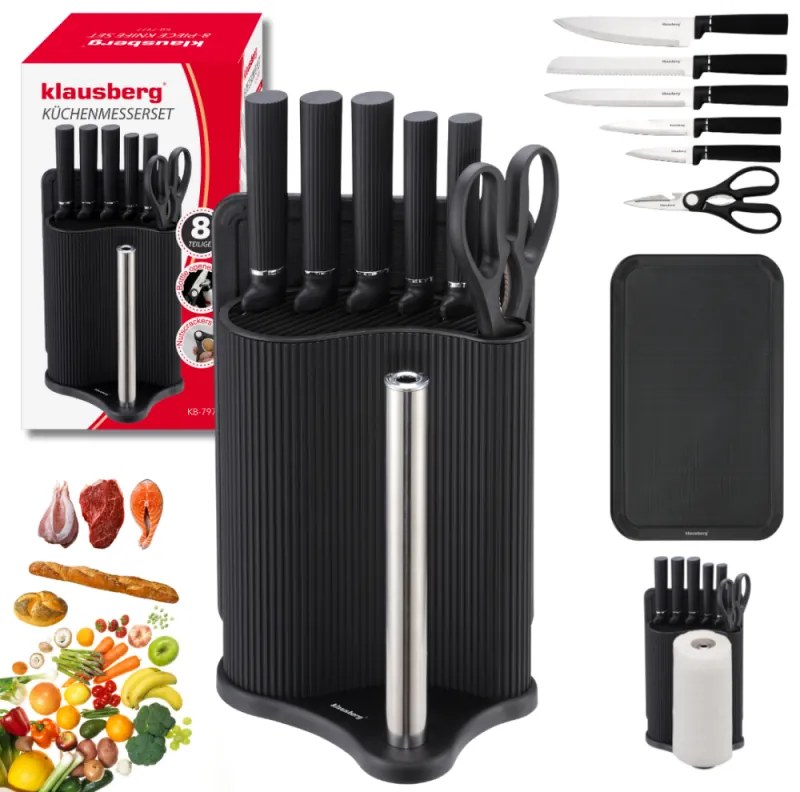 Set cuțite Klausberg KB 7977, 8 piese, Oțel inoxidabil, Suport, Suport hârtie de bucătărie, Negru