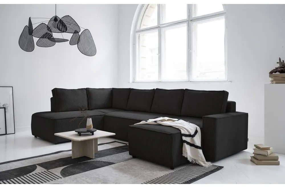 Colțar gri antracit extensibil cu tapițerie din catifea reiată (cu colț pe partea stângă /în formă de "U") Brave Dave – Miuform
