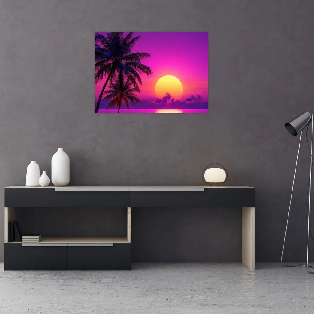 Tablou pe sticlă - Apus violet cu palmier (70x50 cm)