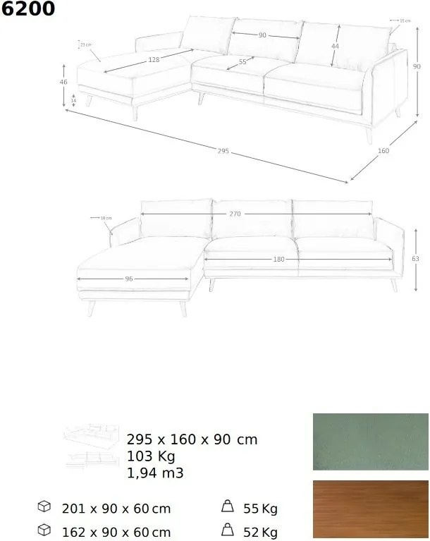 Coltar LUX design italian cu sezlong stanga Cowhide verde