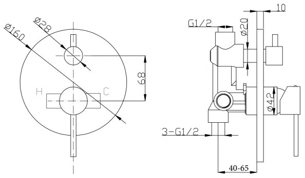 Baterie de duș incastrată Sapho KAI, crom lucios