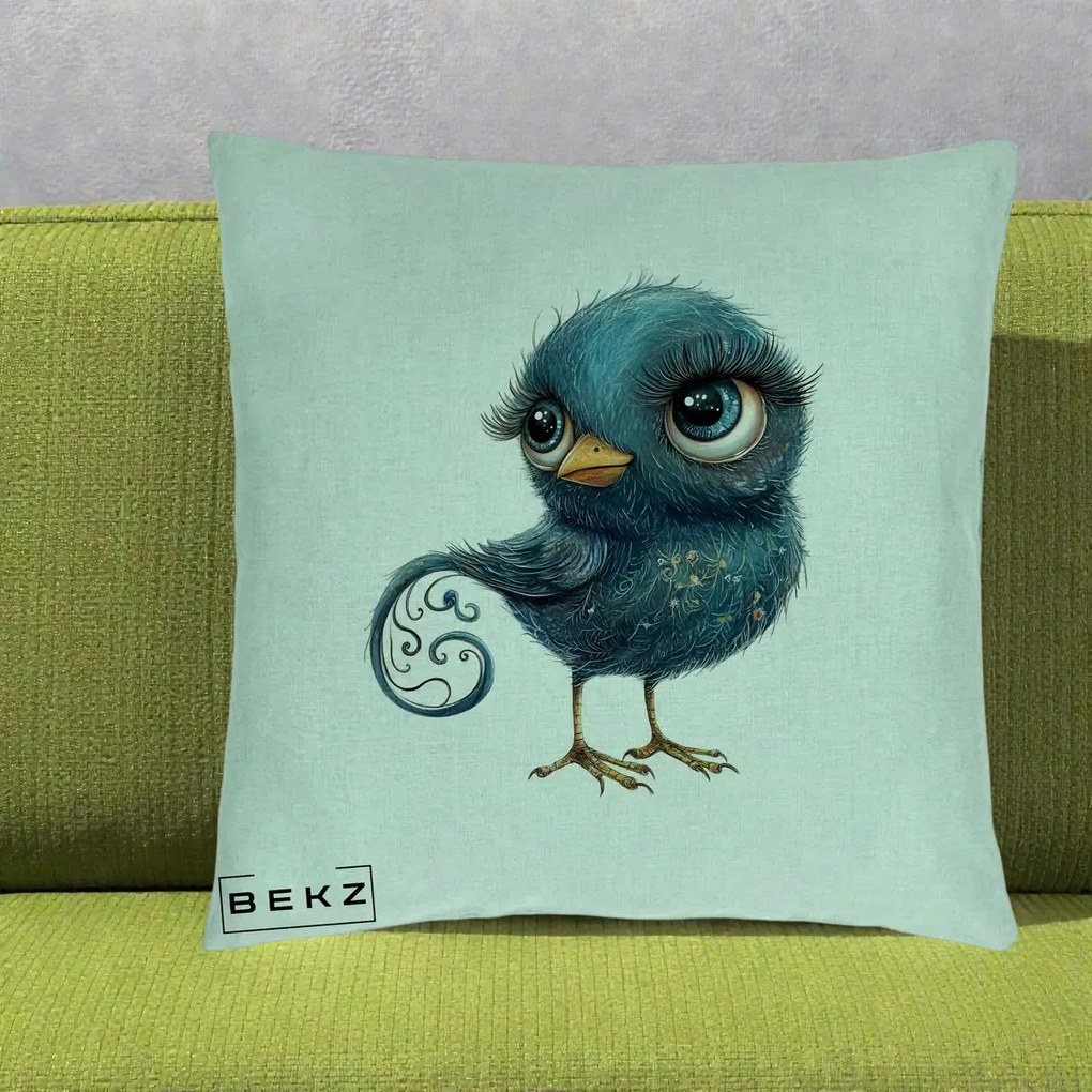 Perna Decorativa Pasare Teal cu Motive Aurii si Coada Spiralata, 40x40 cm, Verde Menta, Husa Detasabila, Perna Inclusa, BEKZ®