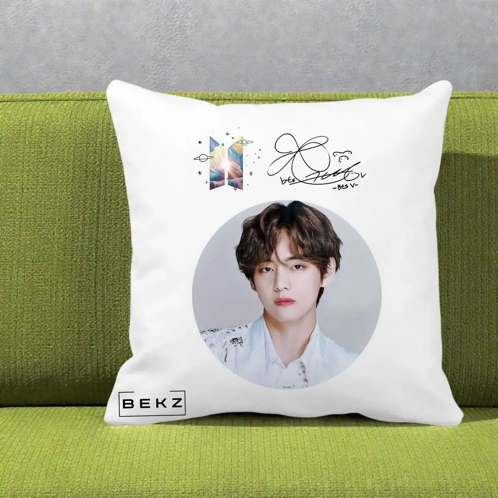 Perna Personalizata K-pop BTS V Taehyung Portret Cerc Autograf, 40x40 cm, Alba Mata, Husa Detasabila, Perna Inclusa, BEKZ®