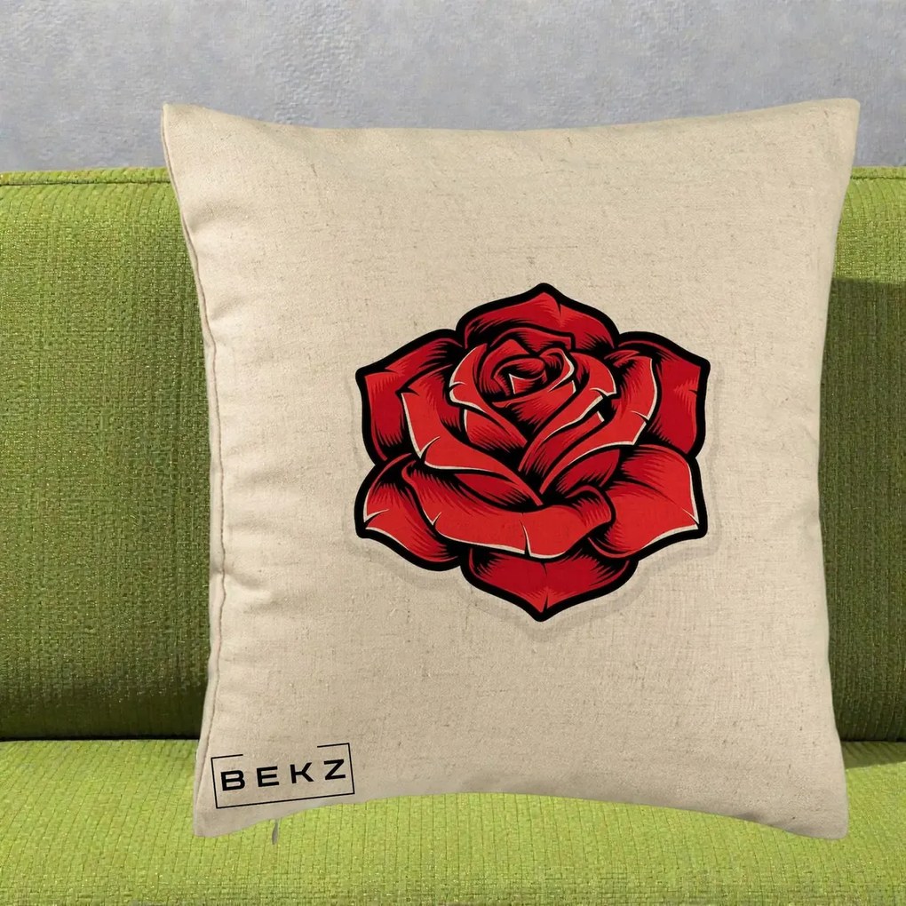 Perna Decorativa Trandafir Rosu Tattoo, 40x40 cm, Bej, Husa Detasabila, Perna Inclusa, BEKZ®
