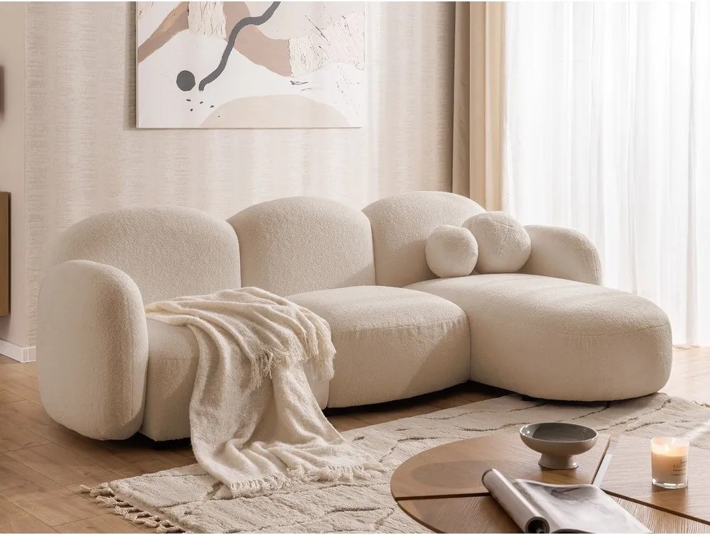 Colțar maro deschis cu tapițerie din țesătură bouclé (cu colț pe partea dreaptă/cu șezlong) Orbit – Ropez