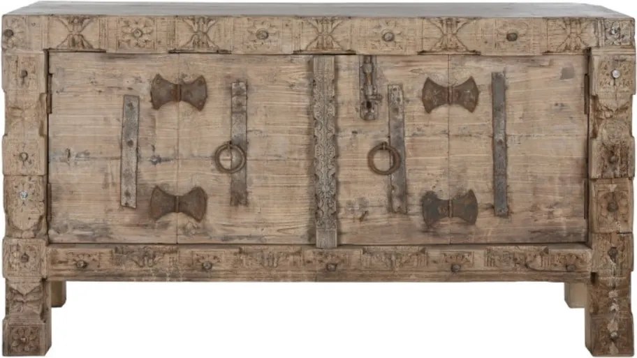 Bufet din lemn reciclat, natur, cu 2 uși și decor sculptat manual, aspect rustic, finisaj natural, 92 x 167 x 51 cm, „Rigora”