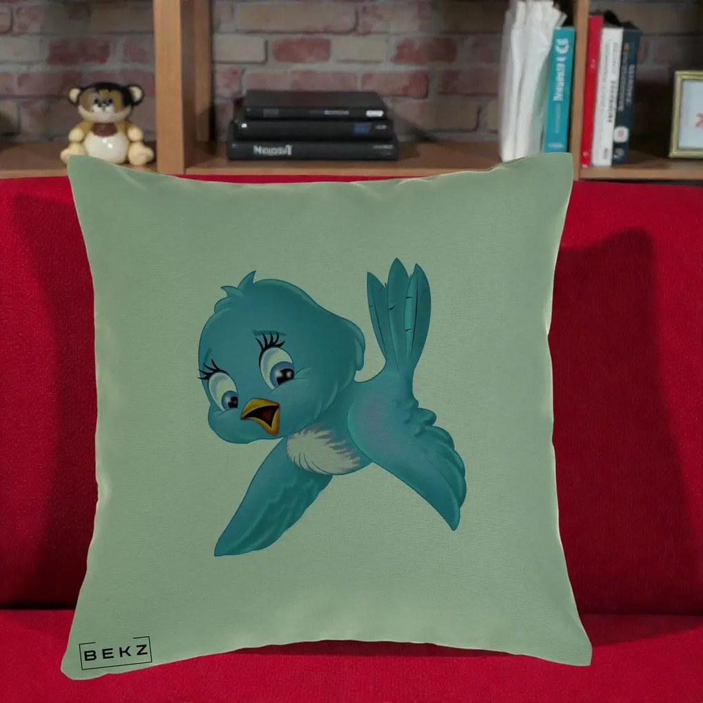 Perna Decorativa Pui de Pasare Albastru, 40x40 cm, Verde, Husa Detasabila, Perna Inclusa, BEKZ®