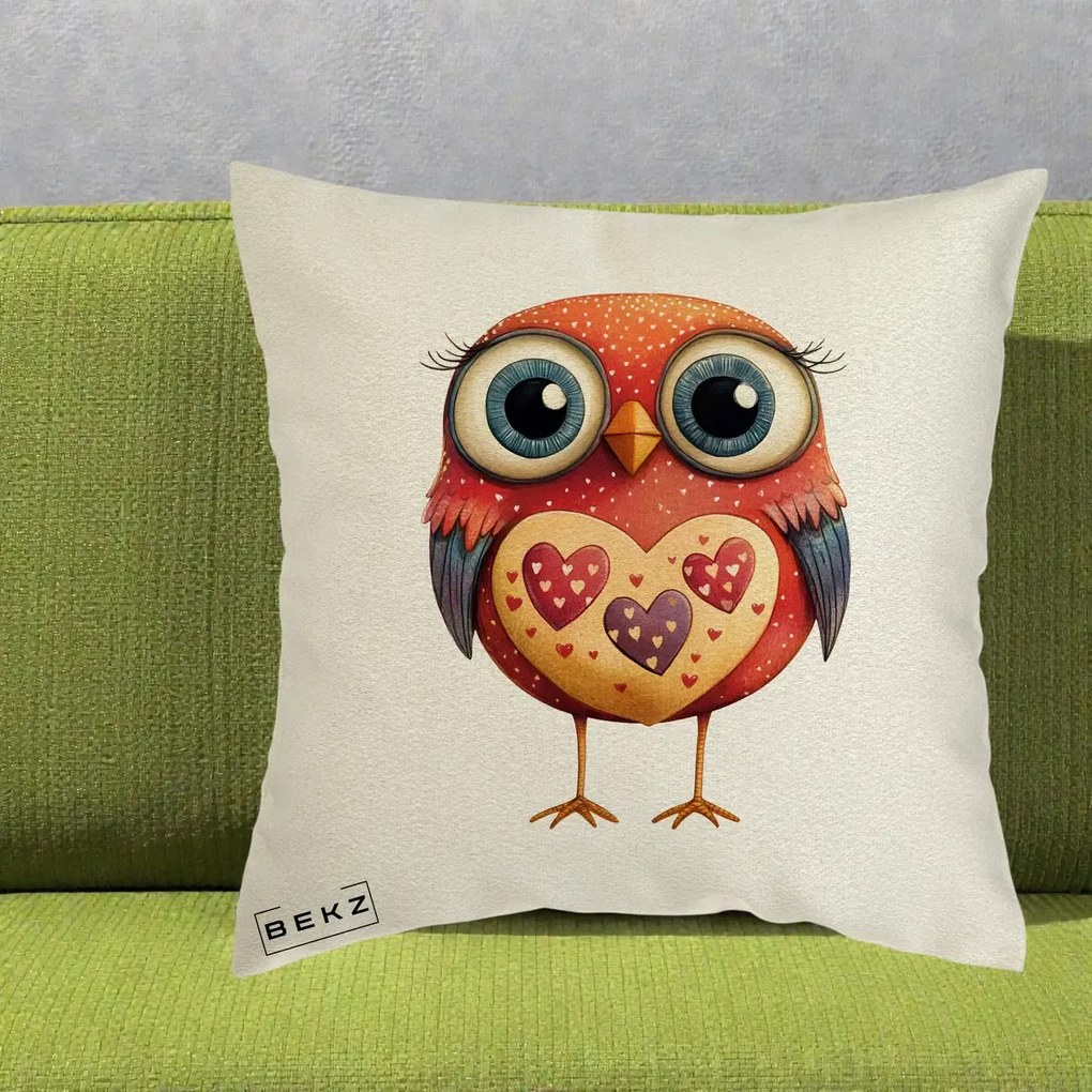 Perna Decorativa Bufnita Rosie cu Inimi Aurii, 40x40 cm, Ecru, Husa Detasabila, Perna Inclusa, BEKZ®