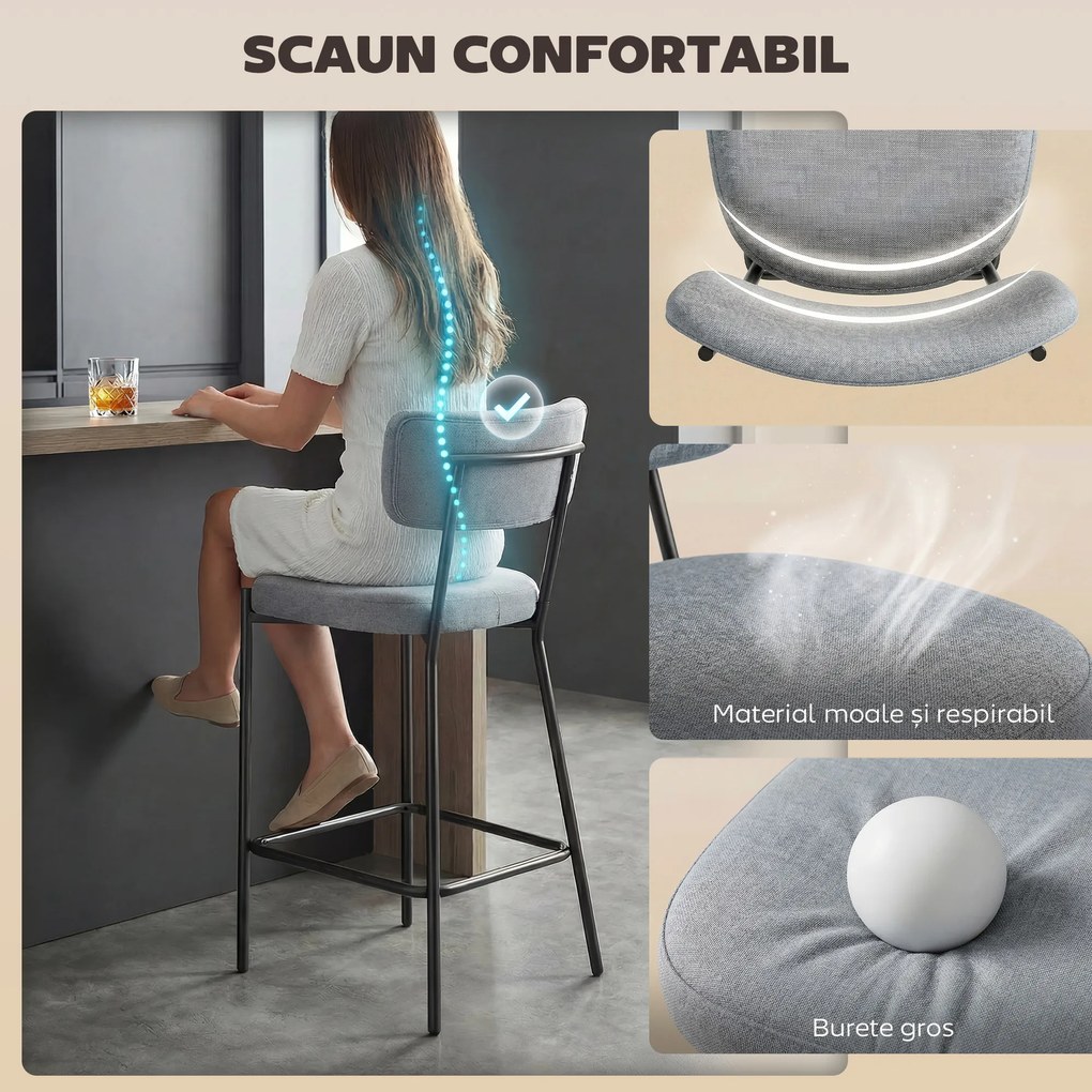 HOMCOM Set de 2 Scaune de Bar cu Spătar și Tapițate, Scaune Înalte din Material Textil cu Bară pentru Sprijinirea Picioarelor și Structură Metalică, Ușor de Asamblat, Gri Deschis | Aosom Romania