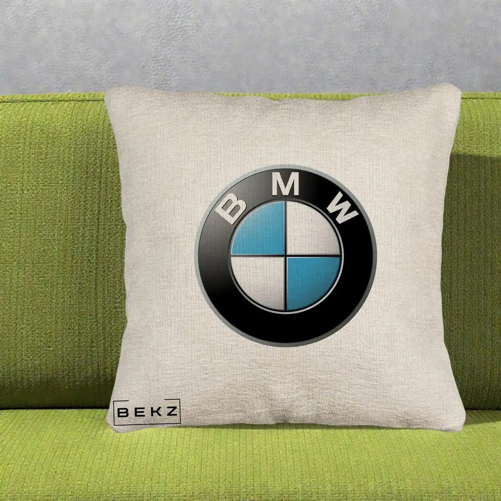 Perna Personalizata cu emblema BMW, 40x40 cm, Bej Canapea, Husa Detasabila, Perna Inclusa, BEKZ®