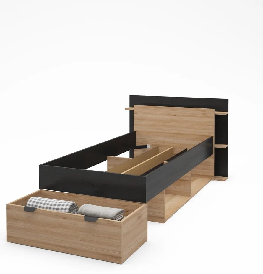 Pat negru/în culoare naturală cu aspect de lemn de stejar cu spațiu de depozitare fără somieră 90x200 cm Albo – Marckeric