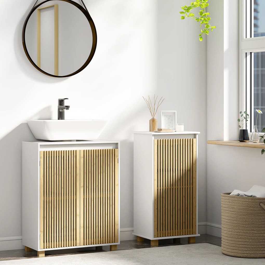 HOMCOM Mobilier sub chiuvetă baie, dulap cu uși jituite din bambus, 60 x 30 x 75 cm, efect lemn natural | Aosom Romania