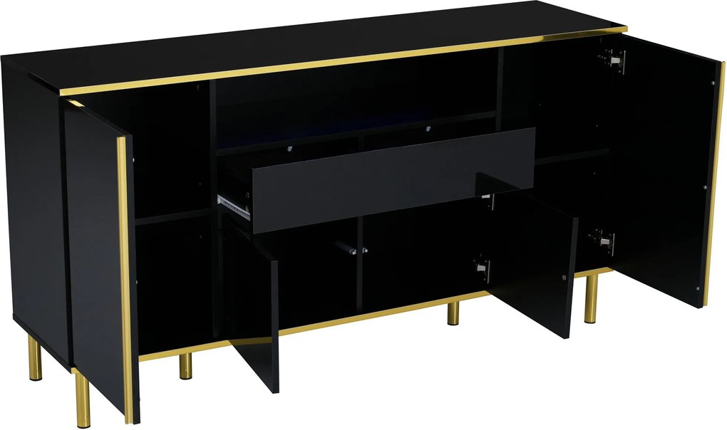 Comodă cu iluminare LED, 4 uși, 1 sertar, 150x40x80 cm, Negru