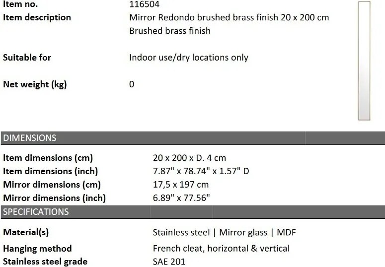 Oglinda ingusta design LUX Redondo, alama periata 20x200cm