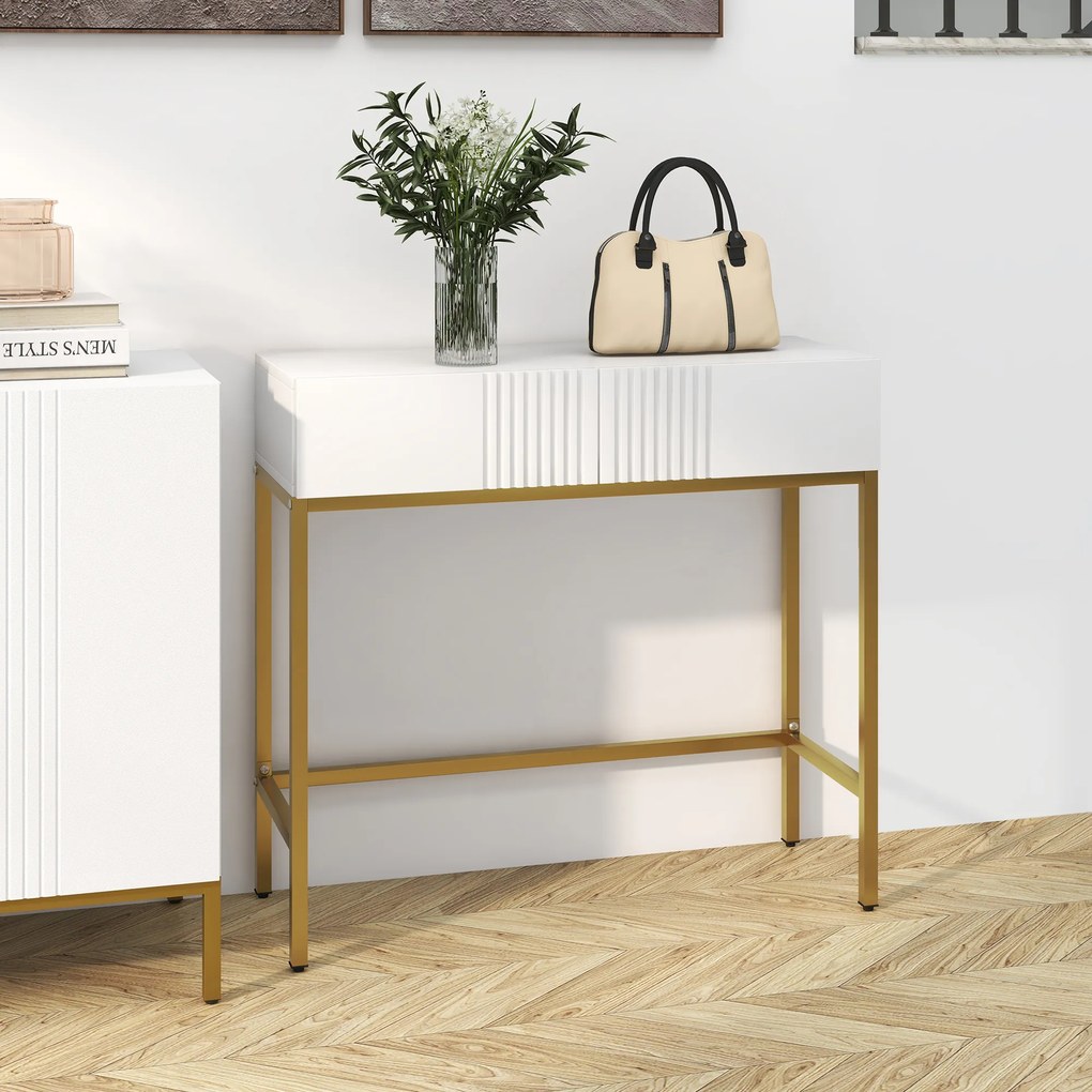 HOMCOM Masă Consolă cu 2 Sertare, Masă Modernă de Intrare cu Bază din Oțel în Ton Auriu, 80x31.5x75 cm, Alb | Aosom Romania