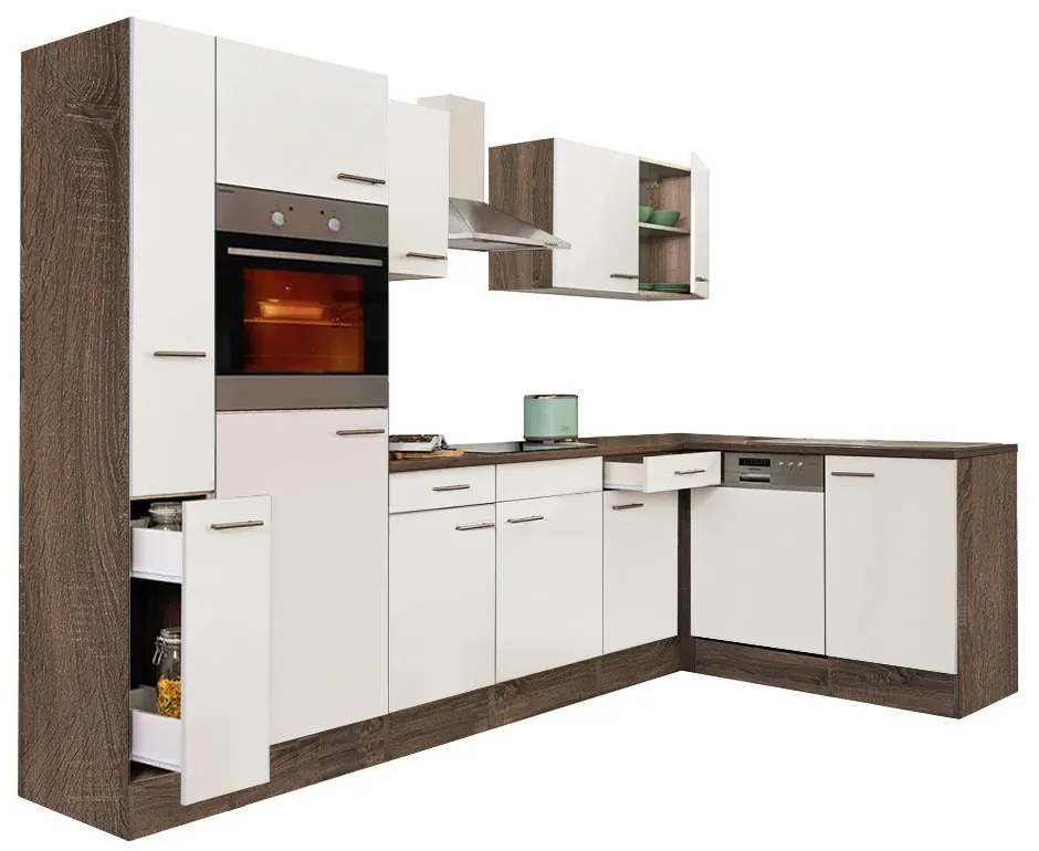 Mobilă de bucătărie de colț Yorki 310, corp din stejar Yorki, cu față alb satinat