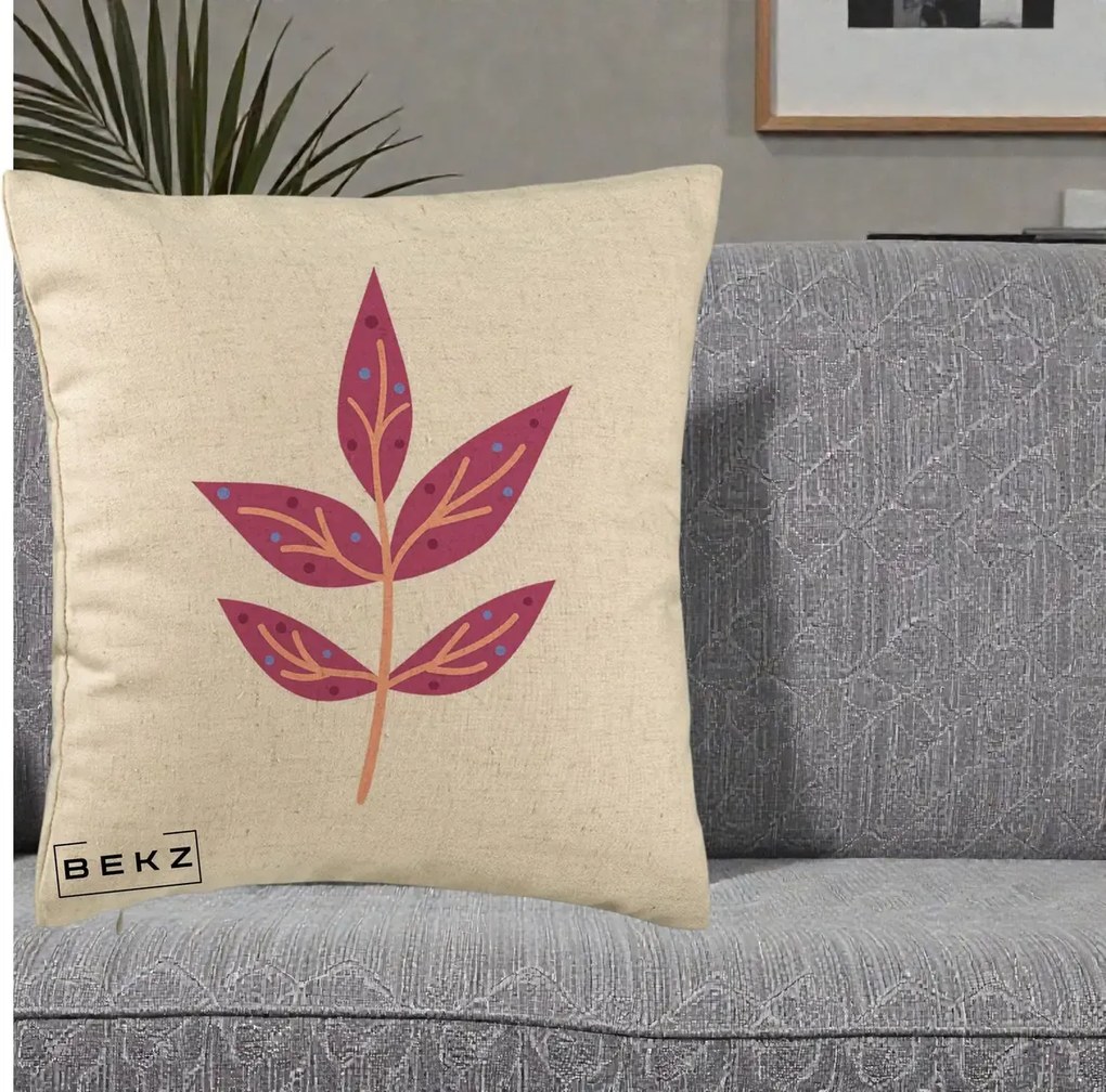 Perna Decorativa Ramura Botanica Mov, 40x40 cm, Bej, Husa Detasabila, Perna Inclusa, BEKZ®