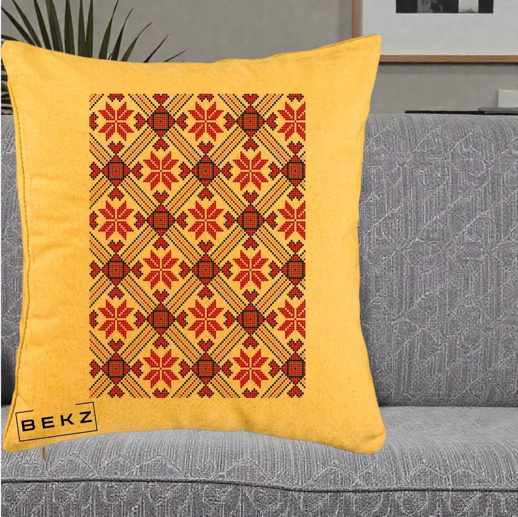 Perna Personalizata Motiv Traditional Ie Romaneasca Rosu, 40x40 cm, Galben, Husa Detasabila, Perna Inclusa, BEKZ®
