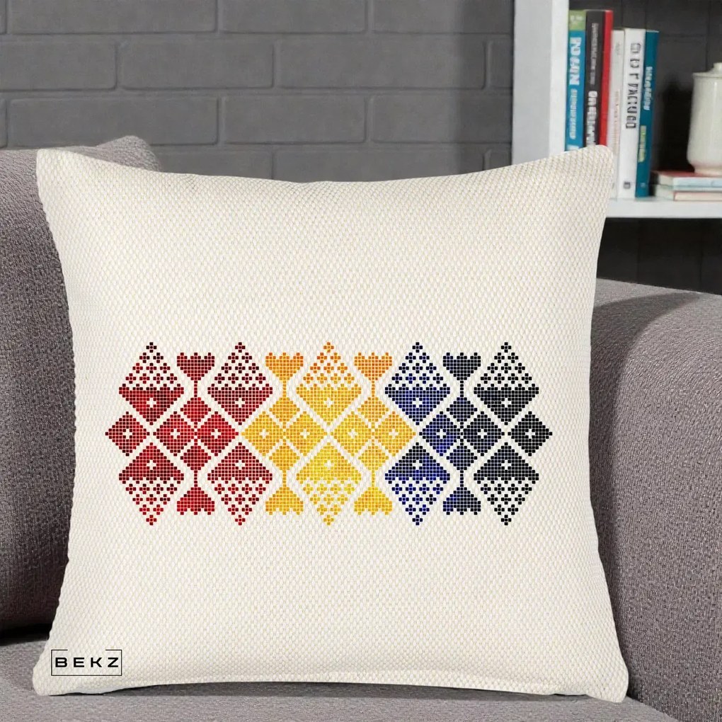 Perna Personalizata Motiv Tricolor Romanesc Broderie, 40x40 cm, Crem Reliefat, Husa Detasabila, Perna Inclusa, BEKZ®