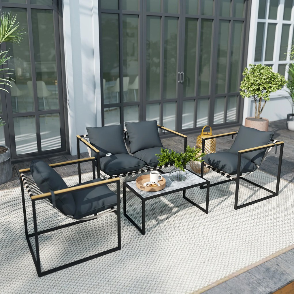 Outsunny set mobilier grădină 4 piese, 2 fotolii, canapea 2 persoane, masă, perne incluse, gri | Aosom Romania