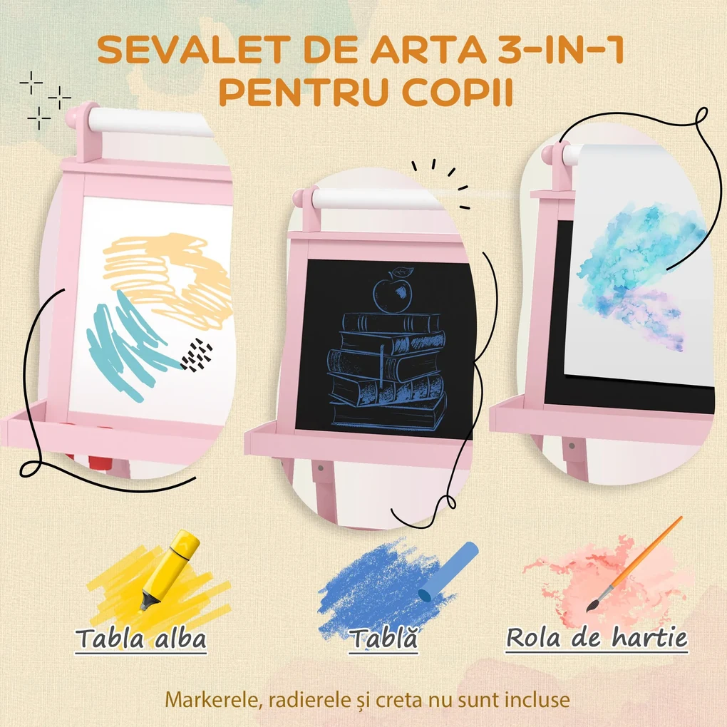 AIYAPLAY Tablă de Desen Dublă Pentru Copii 3-6 Ani, 59x48x118 cm, Roz | Aosom Romania