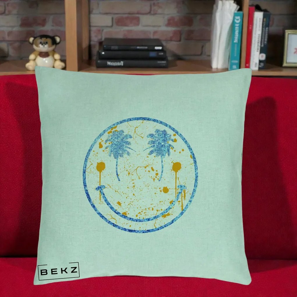 Perna Decorativa Smiley Face Tropical Albastru Glitter si Portocaliu, 40x40 cm, Verde Menta, Husa Detasabila, Perna Inclusa, BEKZ®