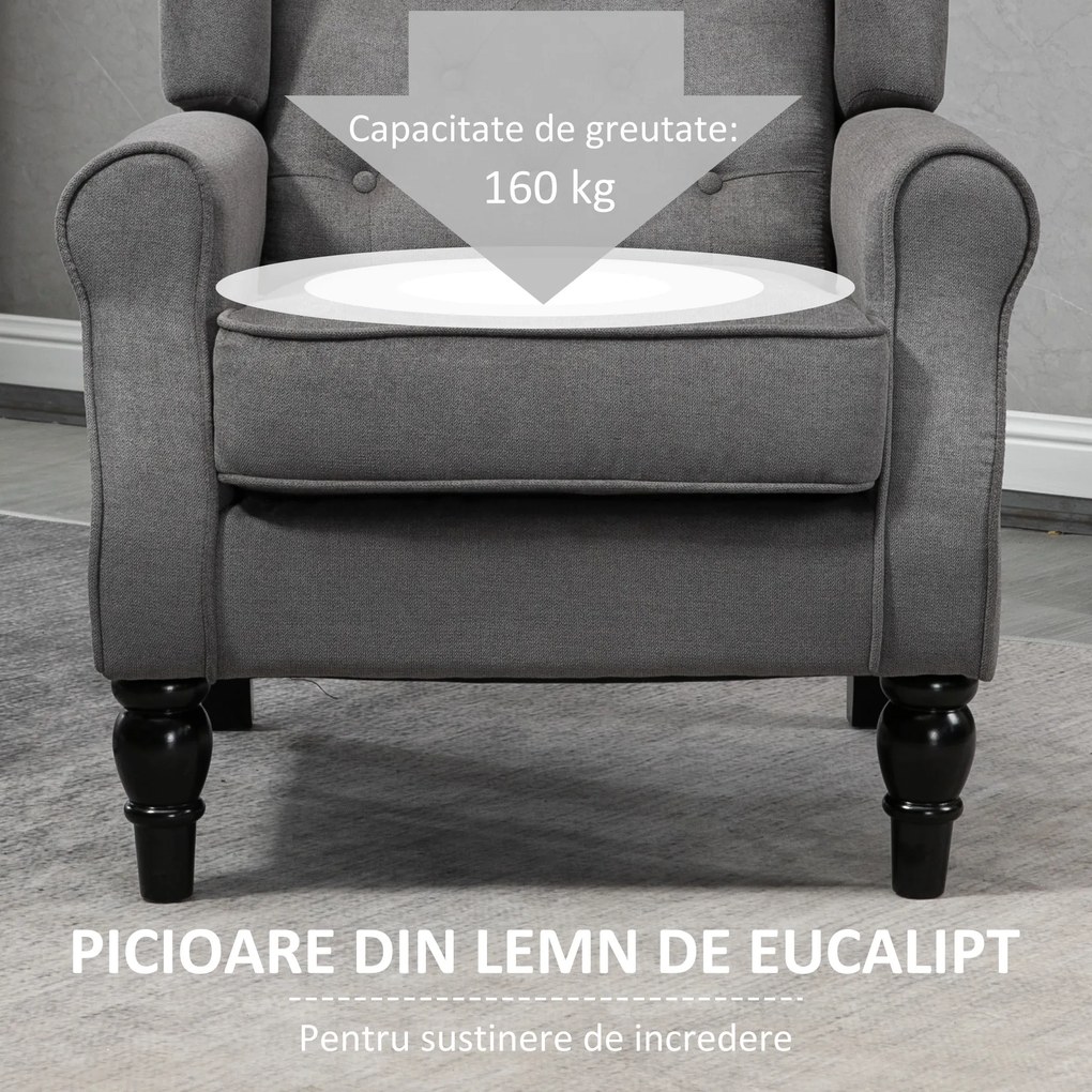 HOMCOM Fotoliu de Living Stil Francez cu Perne Detașabile Gri | Aosom Romania