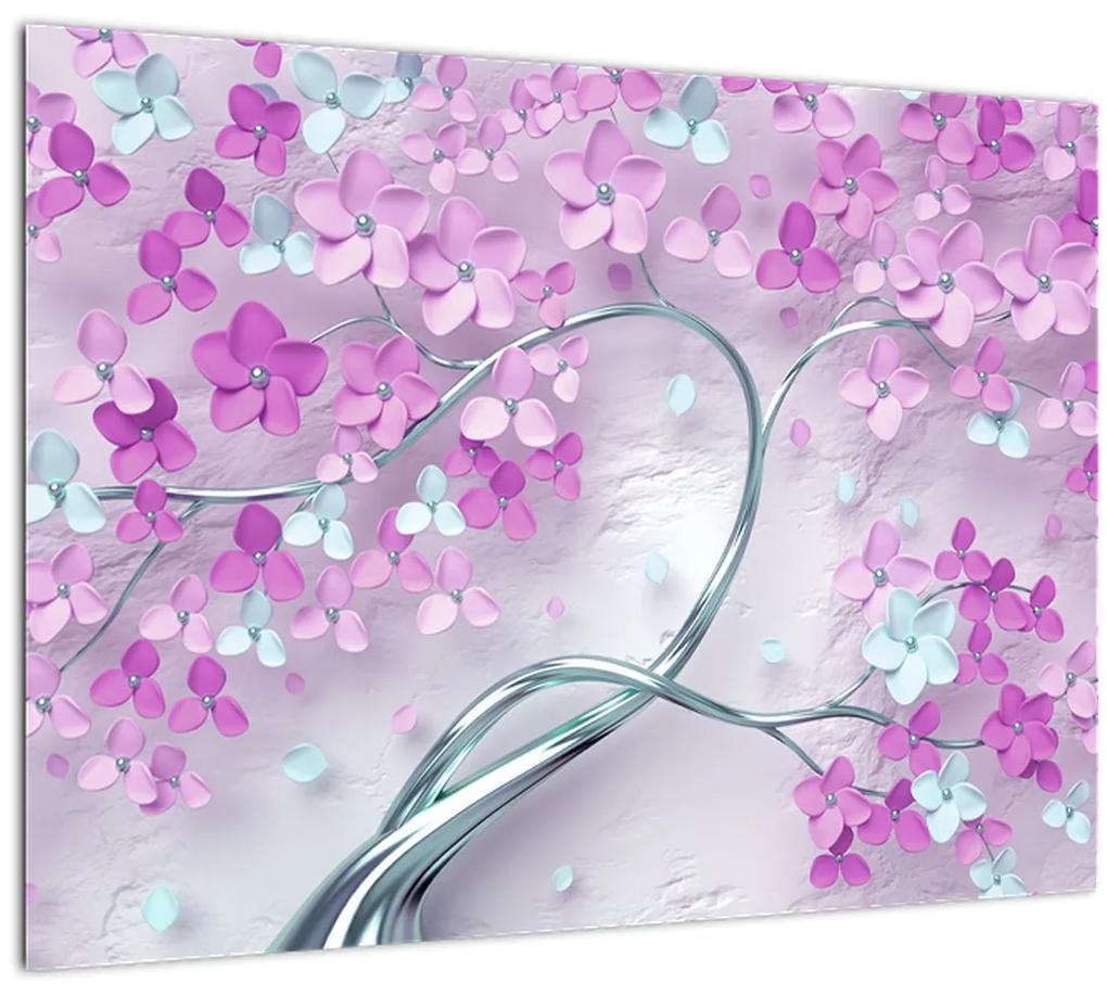 Tablouri cu flori pe trunchi argintiu - abstract (70x50 cm), în 40 de alte dimensiuni noi