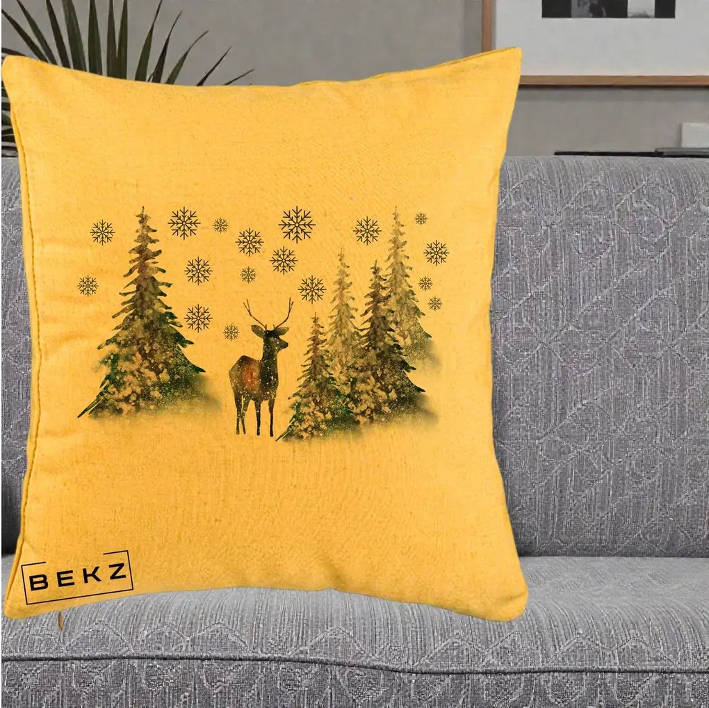 Perna Decorativa Ren in Padure Inzapezita, 40x40 cm, Galben, Husa Detasabila, Perna Inclusa, BEKZ®