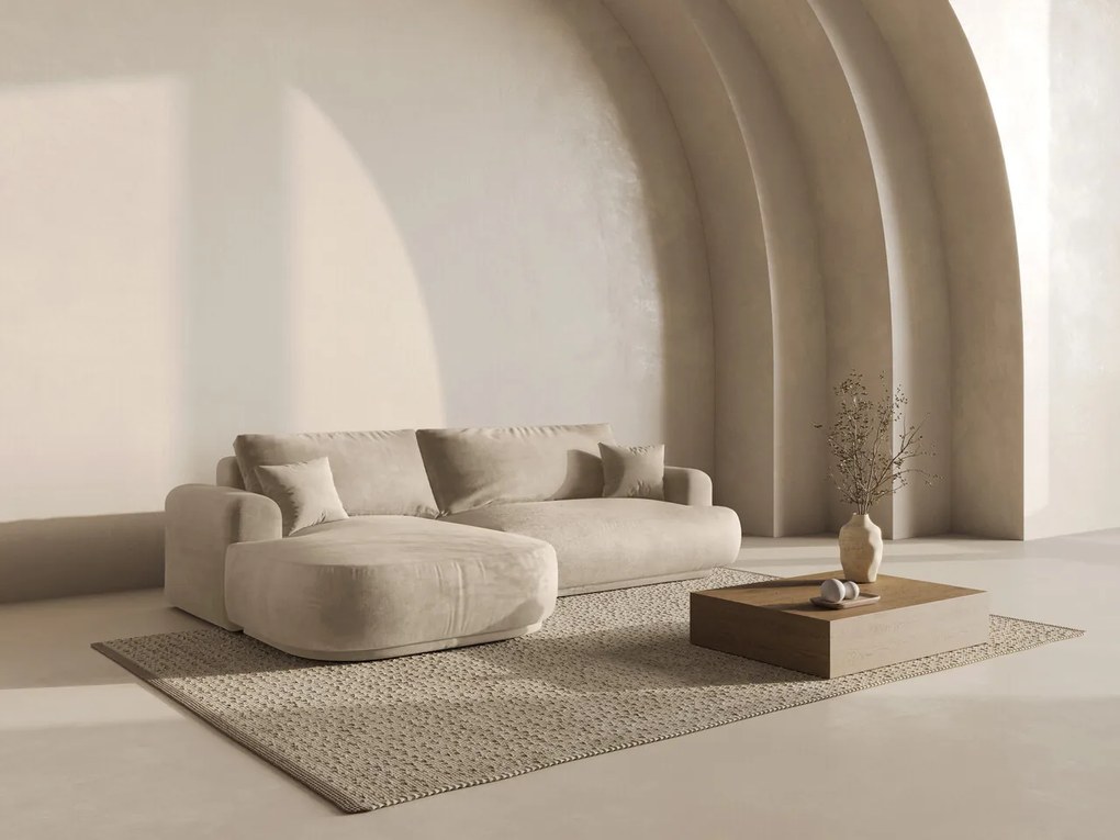 Coltar extensibil stanga 5 locuri, modular, cu lada depozitare, Ella, Micadoni Home, 271x174x94 cm, catifea, bej deschis