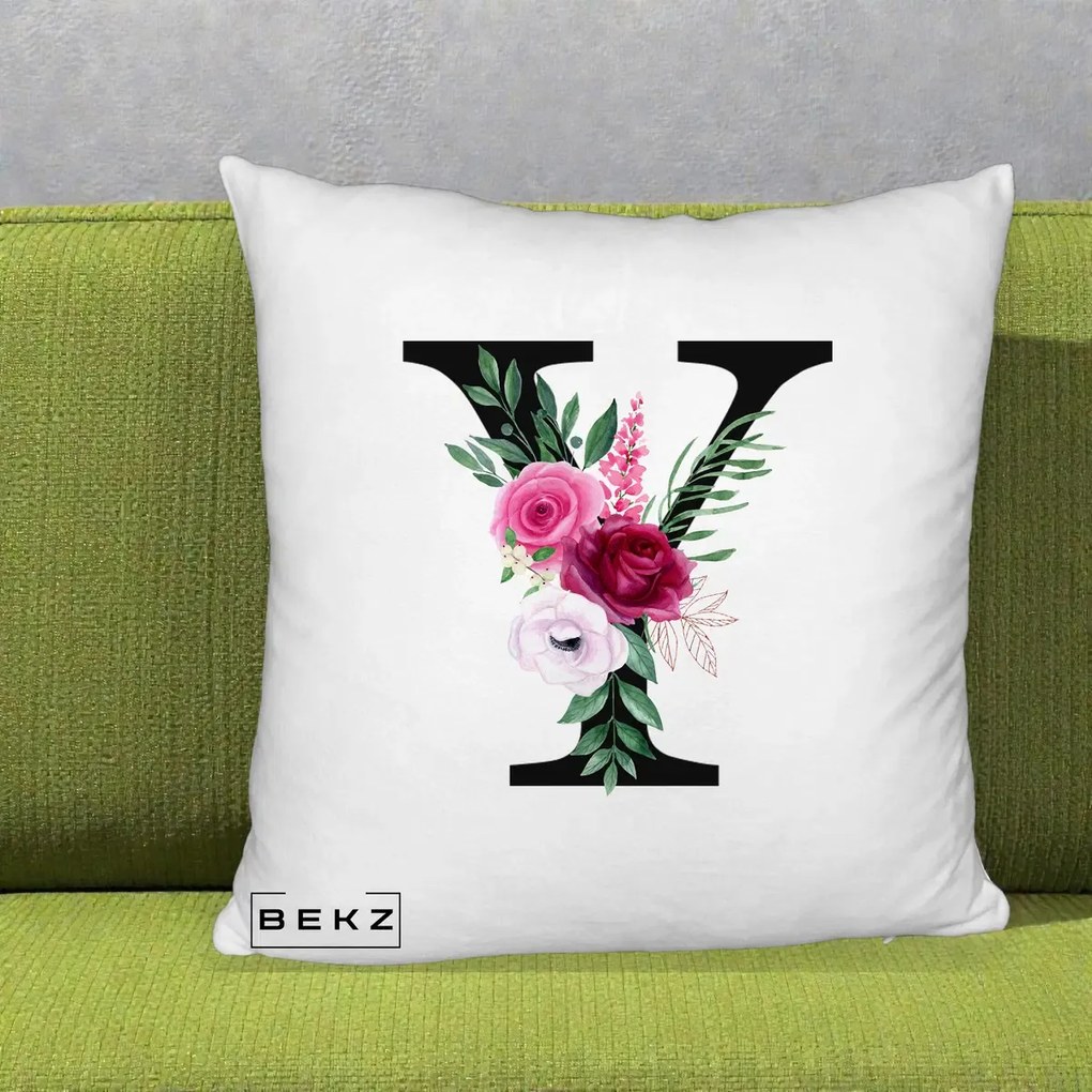 Cadou Personalizat - Perna Personalizata Monograma Florala Litera Y cu Buchet, 40x40 cm, Alb Pufos, Husa Detasabila, Perna Inclusa, BEKZ®