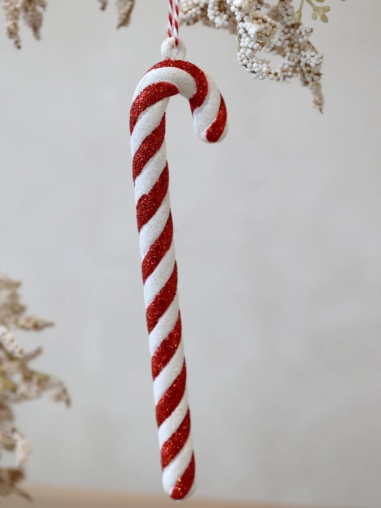 Ornament clasic de Crăciun în formă de bastonaș roșu cu alb, pictat manual, „Classic Cane”