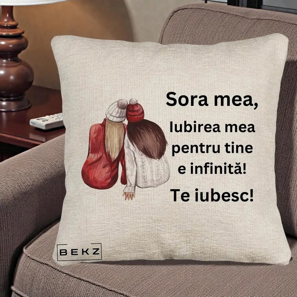 Cadou pentru Sora - Perna Personalizata Sora Mea Te Iubesc Doua Fete Iarna Acuarela, 40x40 cm, Bej Canapea, Husa Detasabila, Perna Inclusa, BEKZ®
