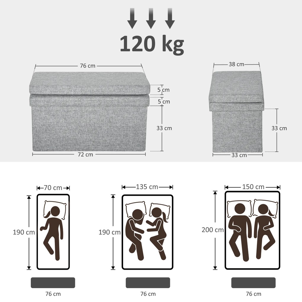 HOMCOM Bancă Pliabilă cu Spătar și Compartiment de 77L, Acoperire din Țesătură, 76x50x73 cm, Gri | Aosom Romania