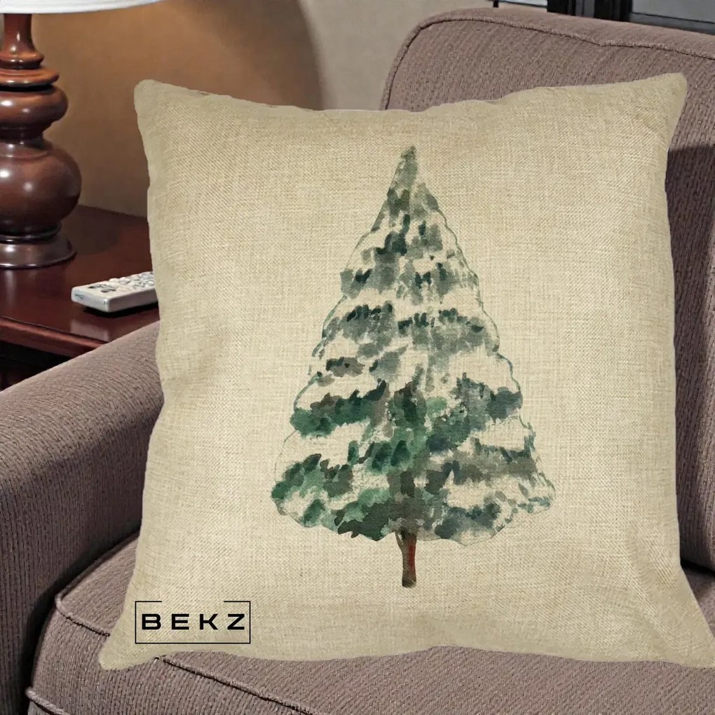 Perna Decorativa cu tematica de Craciun, Brad 2, 40x40 cm, Crem, Husa Detasabila, Perna Inclusa, BEKZ®