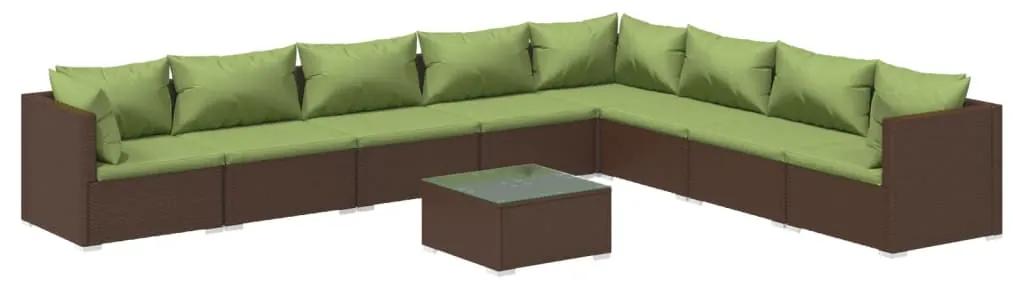 Set mobilier de gradina cu perne, 9 piese, maro, poliratan maro si verde, 3x colt + 5x mijloc + masa, 1