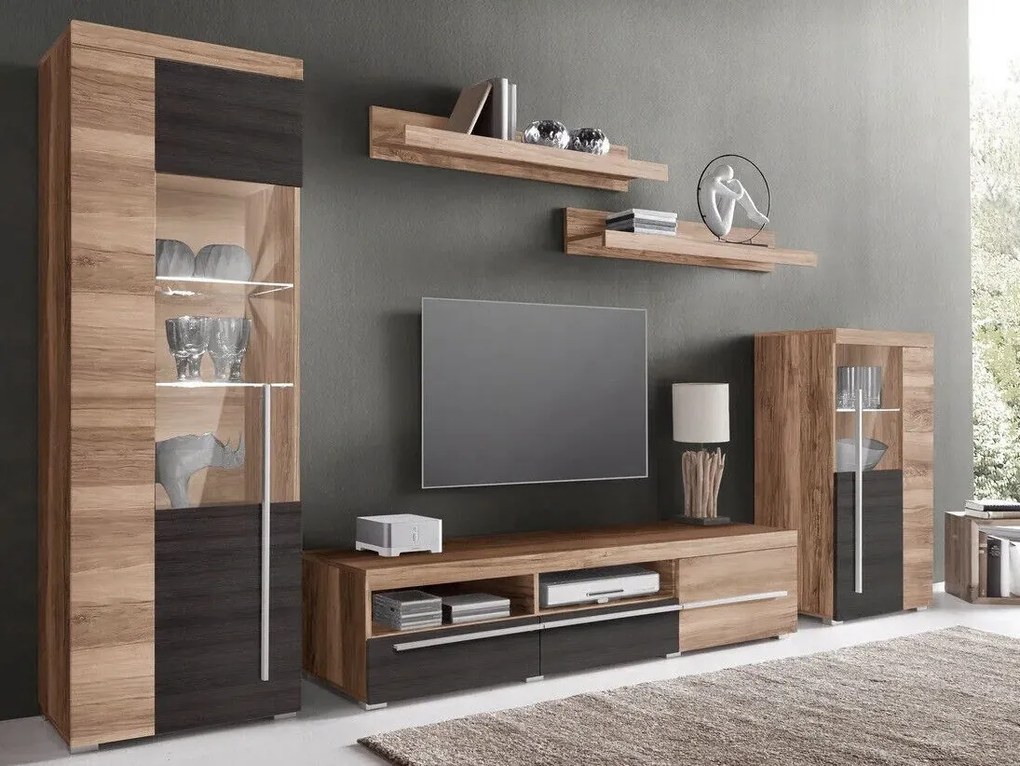 Mobilă pentru sufragerie Austin AD103Nuca, Stejar inchis, Părți separate, Cu comodă tv, Sticlă, PAL laminat, 160x270x40cm, 101 kg