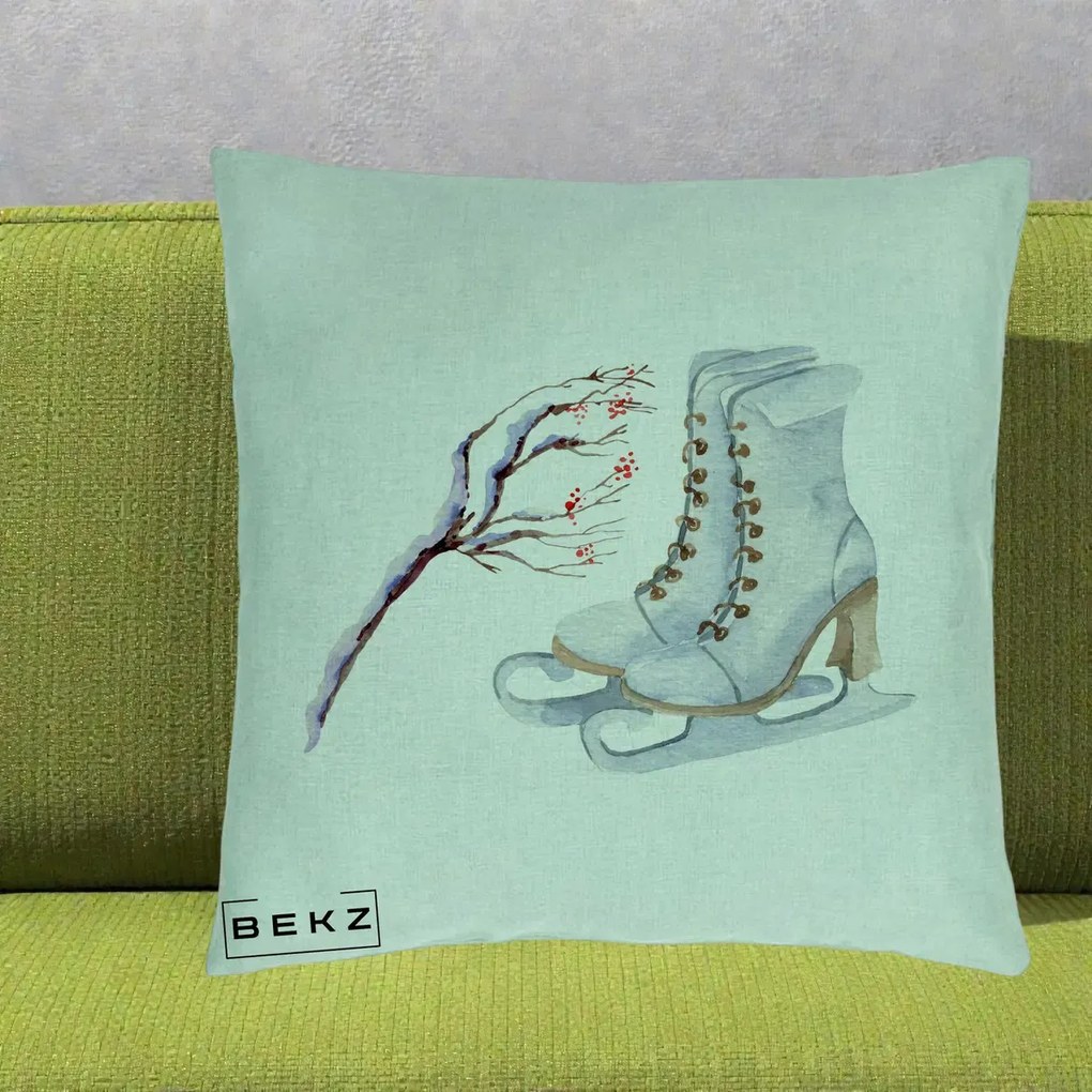 Perna Decorativa Patine cu Ramuri Inzapezite, 40x40 cm, Verde Menta, Husa Detasabila, Perna Inclusa, BEKZ®