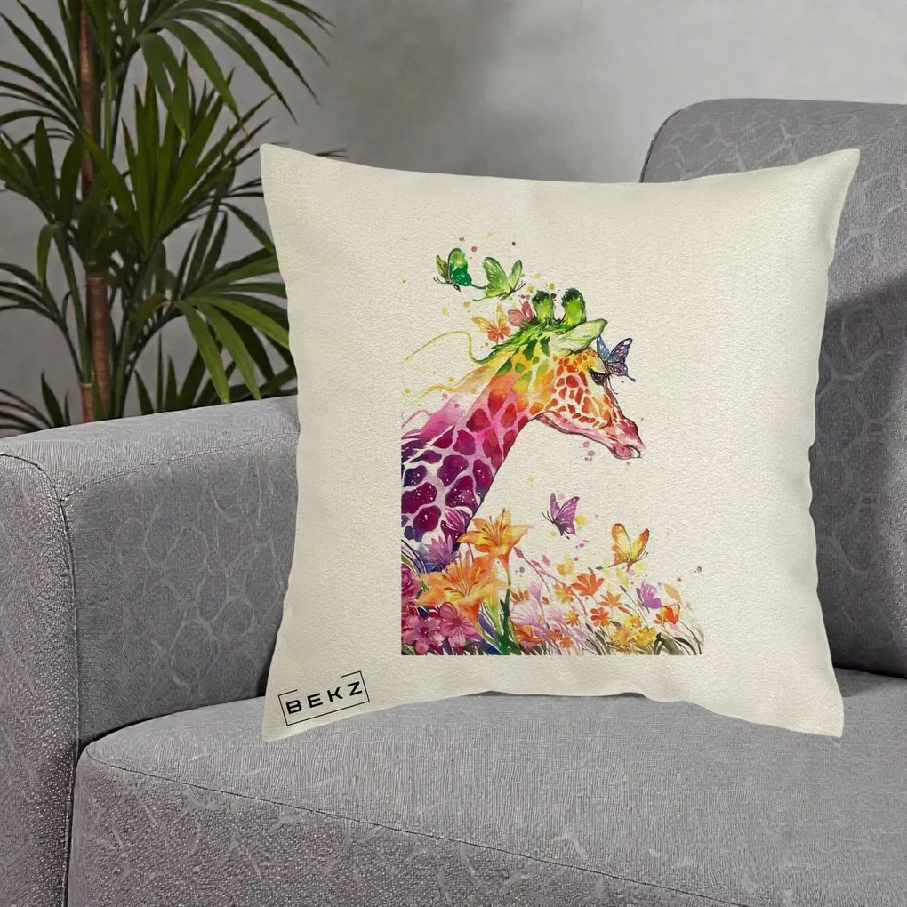 Perna Decorativa Girafa Curcubeu Acuarela, 40x40 cm, Ecru, Husa Detasabila, Perna Inclusa, BEKZ®