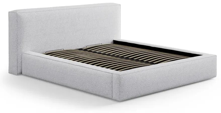 Pat matrimonial gri deschis tapițat cu spațiu de depozitare cu somieră 160x200 cm Simon Olivia – Micadoni