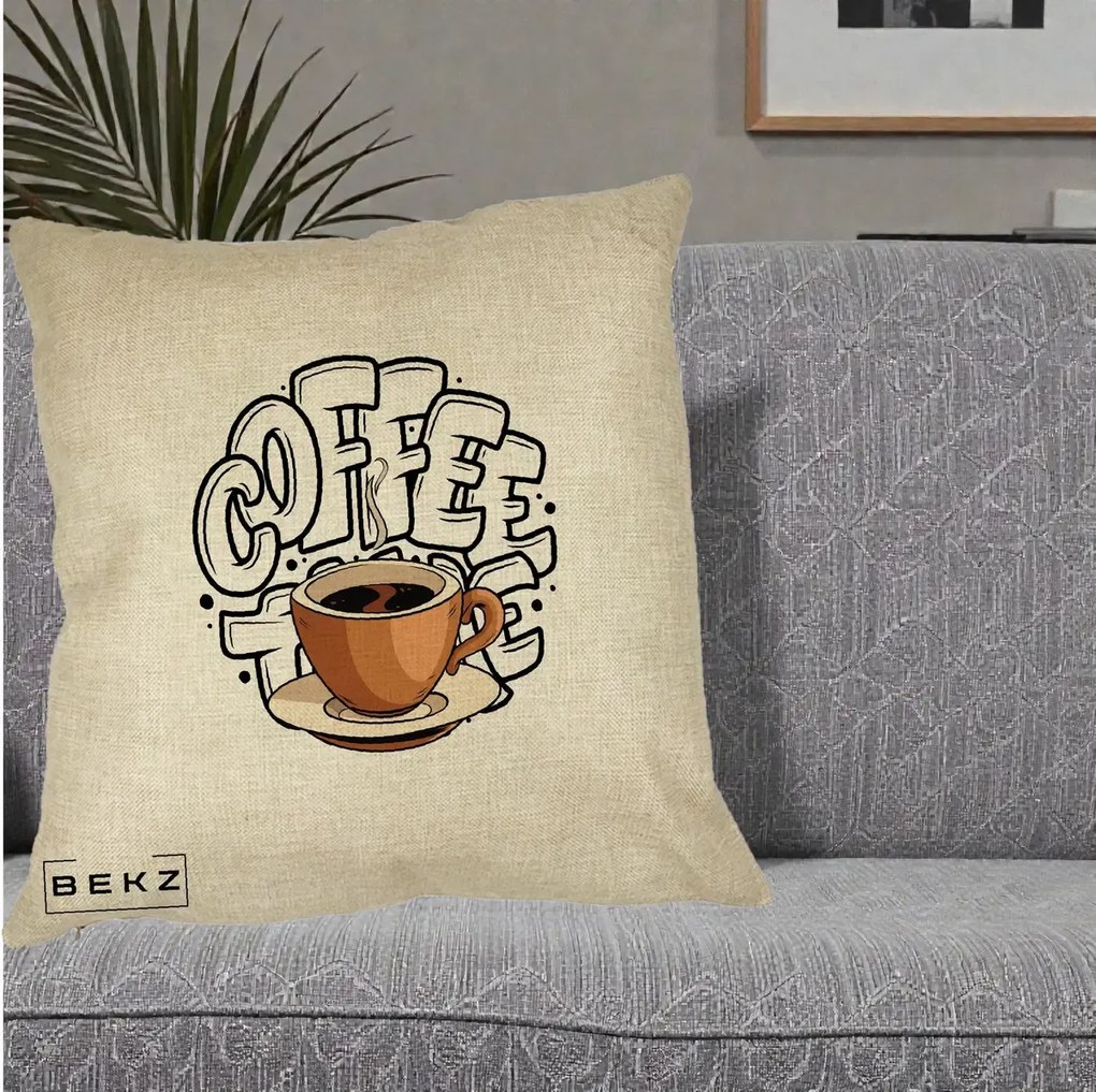 Perna Personalizata COFFEE cu Cana, 40x40 cm, Crem, Husa Detasabila, Perna Inclusa, BEKZ®