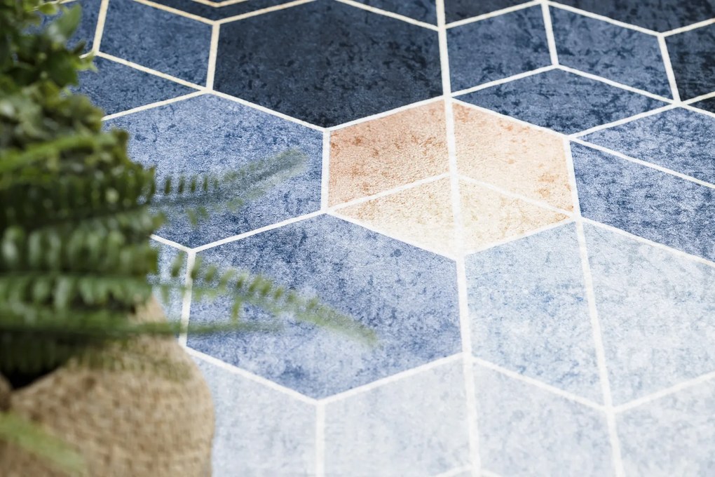 ANDRE 1216 covor lavabil cub, geometric anti-alunecare - albastru