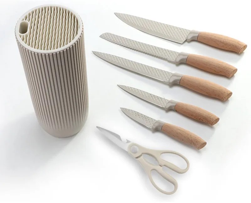 Set cutite cu suport Royalty Line DC07E, 7 piese, Foarfeca, Otel inoxidabil, Manere ergonomice, Bej