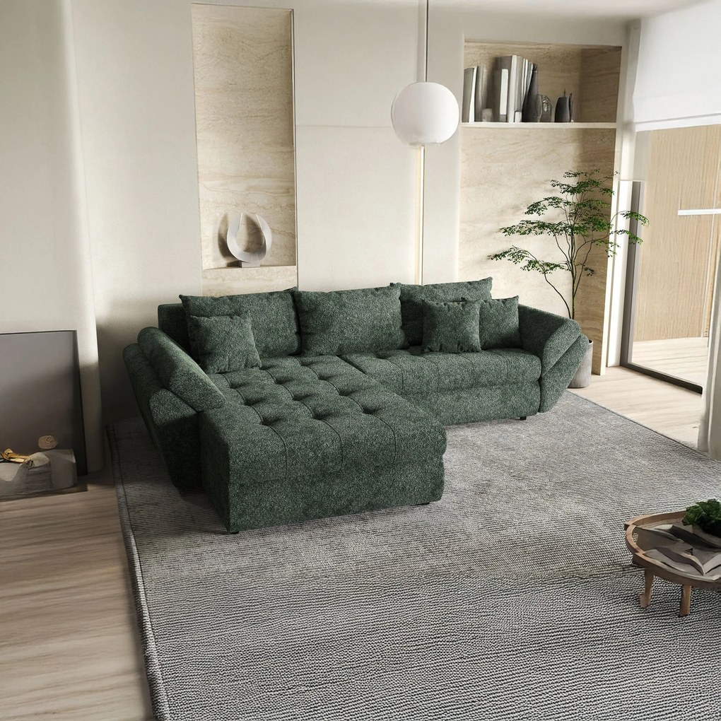 Colțar extensibil dumonde cu ladă de depozitare si sezut confortabil din spuma high-density, Loana Euphoria Green 270x185 cm