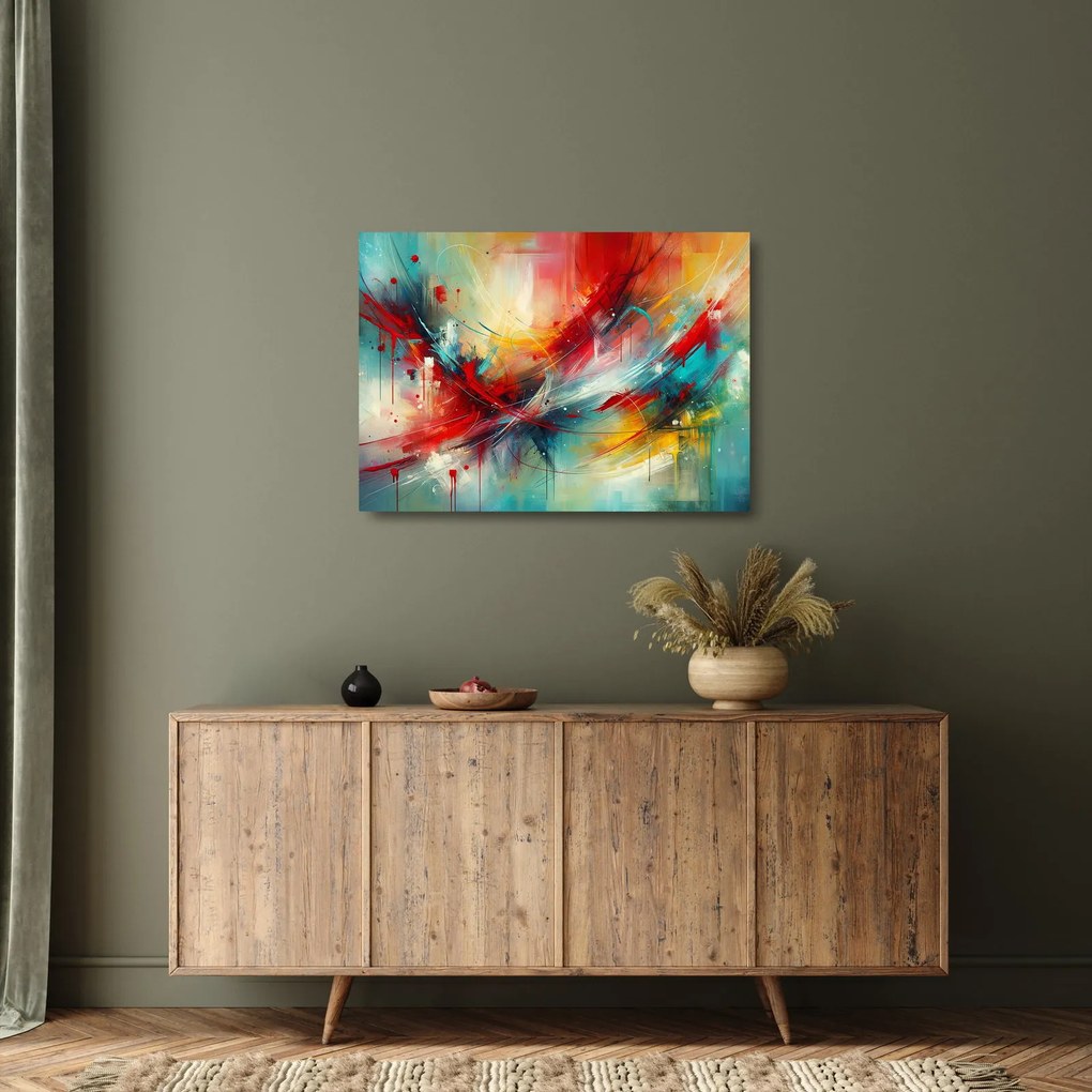 Tablou pe sticlă – Abstracție cu roșu (70x50 cm)