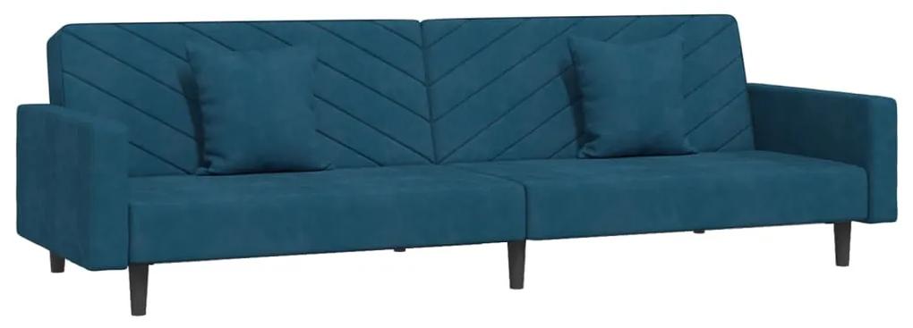 Canapea extensibila 2 locuri, 2 pernetaburet,albastru, catifea Albastru, Cu scaunel pentru picioare