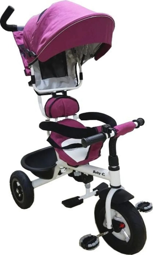 Tricicleta cu copertina NOVOKIDS™ Baby C, roti din cauciuc, frana si maner pentru parinti, cadru metalic, Mov
