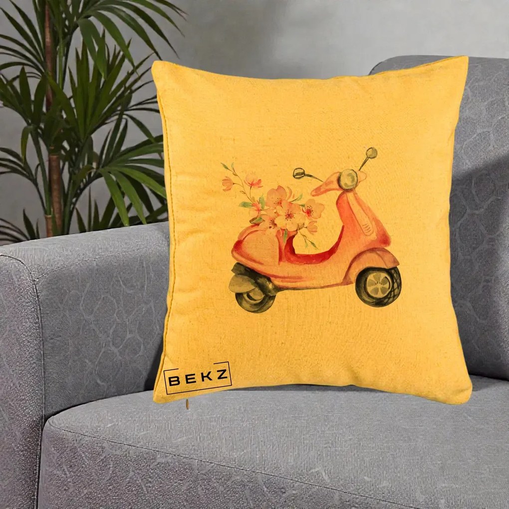 Perna Decorativa Scuter Roz cu Flori Acuarela, 40x40 cm, Galben, Husa Detasabila, Perna Inclusa, BEKZ®